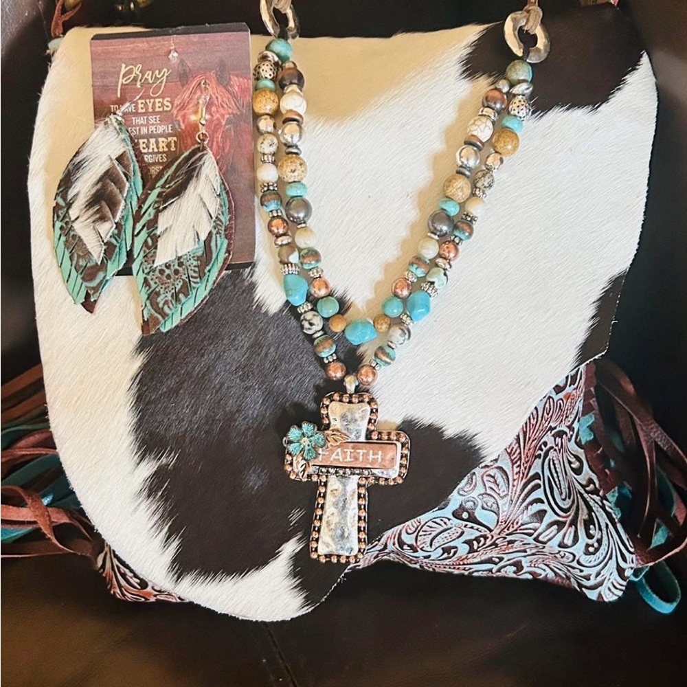 Myra Cowhide Crossbody Bag Unique Blessings Necklace and Feather Earrings